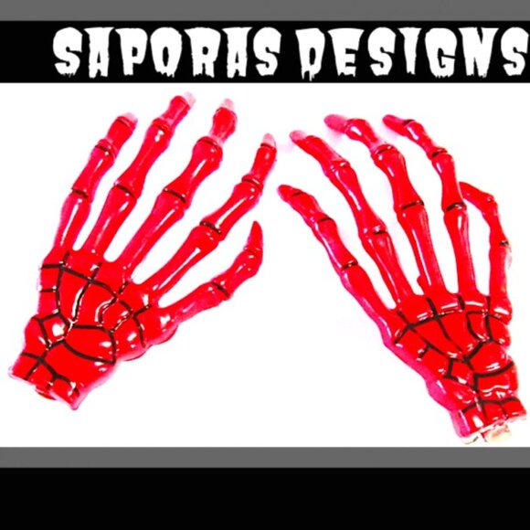 Red & Black Skeleton Hands Hair Bows For Halloween Costume Biker Gothic Punk - Picture 1 of 1